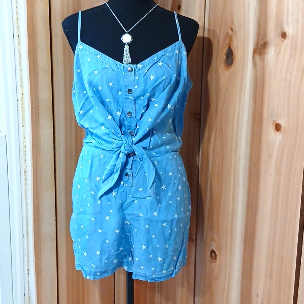 Blue and White Polka Dot Denim Jumpsuit